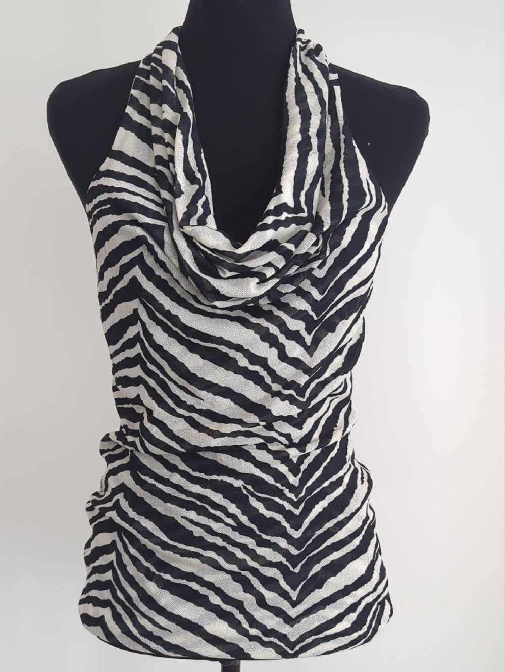Zebra Print Cowl Neck Halter Tank Top - Monochrome Animal Stripe - Picture 3 of 7